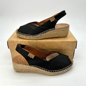 Toni Pons Womens Wedge Espadrilles Bernia-P Size 6.5 US, 37 EU Black Leather NEW